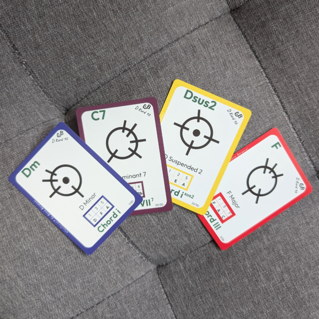 Selection of D Kurd 10 Handpan Chord Cards displayed on grey fabric, showing different chord colours and designs
