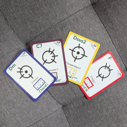 Selection of D Kurd 10 Handpan Chord Cards displayed on grey fabric, showing different chord colours and designs