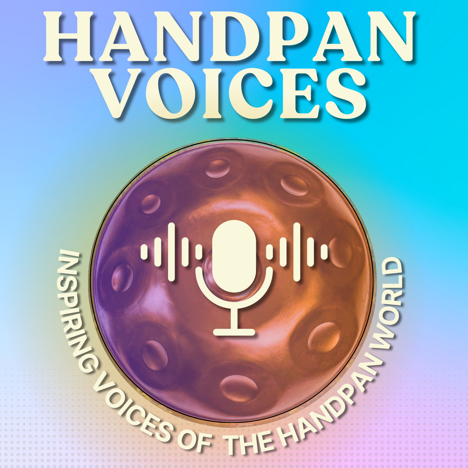 Logo for 'Handpan Voices' with a handpan and microphone icon on a gradient background.