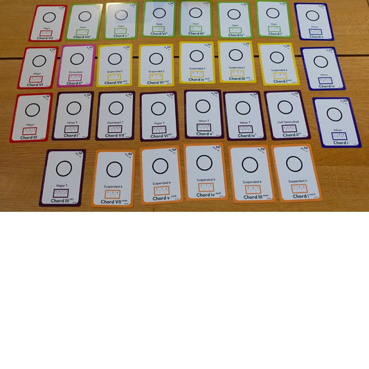 Full set of Open Minor Handpan Chord Cards by Rosie Bergonzi displayed on table, showing chord variety and colour-coded categories