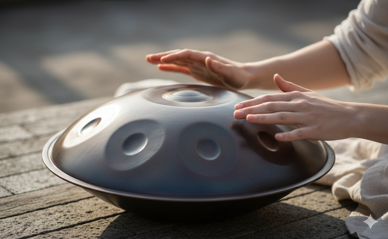 Hand playing a handpan on a wooden surface with a blurred natural background