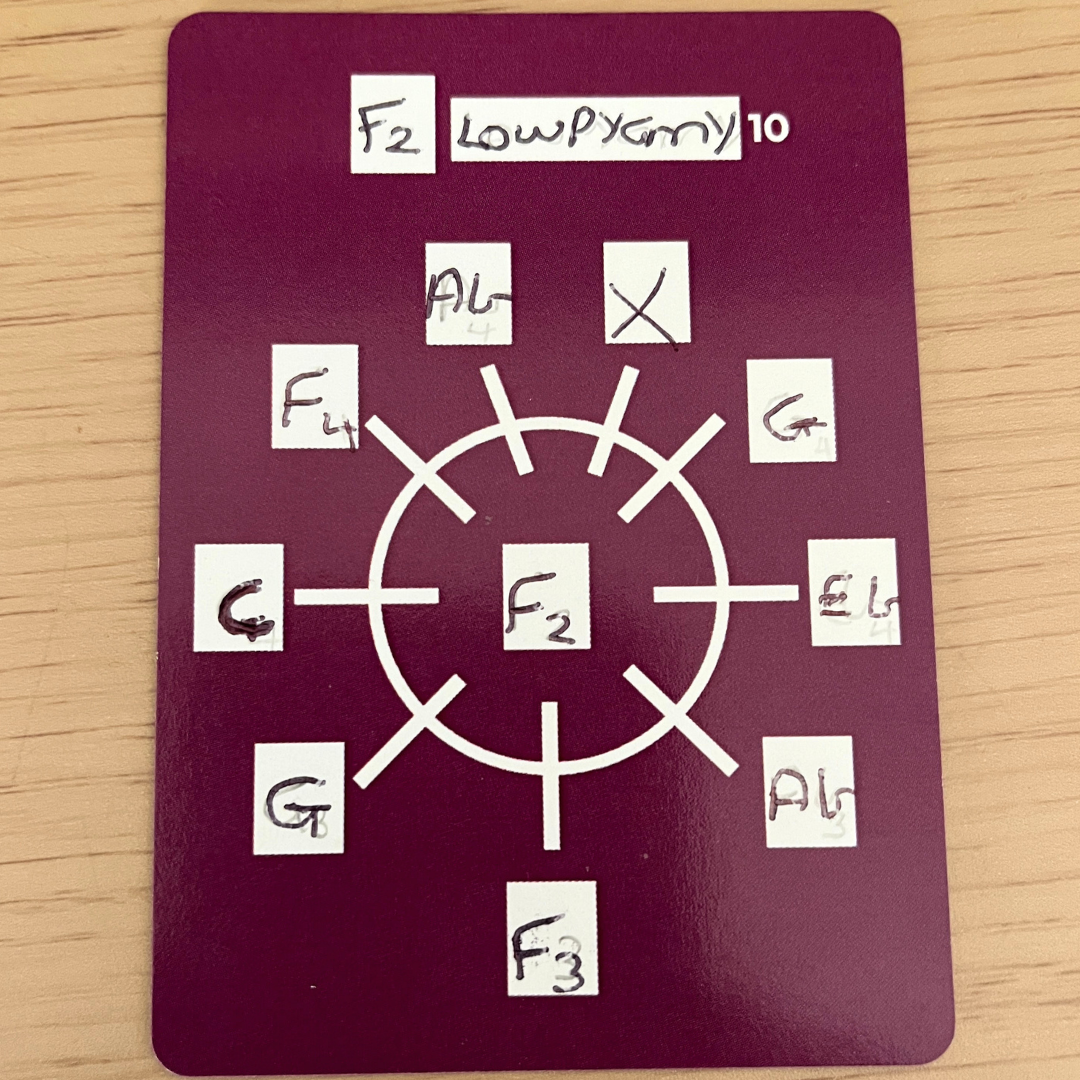 Example of an Open Minor Handpan Chord Card filled in for F2 Low Pygmy scale, handwritten notes showing personal setup