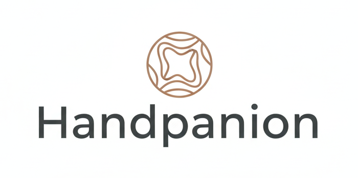 Handpanion logo with a stylized handpan design on a white background