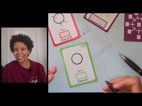 Video thumbnail of Rosie Bergonzi explaining how to use the Open Handpan Chord Cards, with close-up of cards and chord diagrams